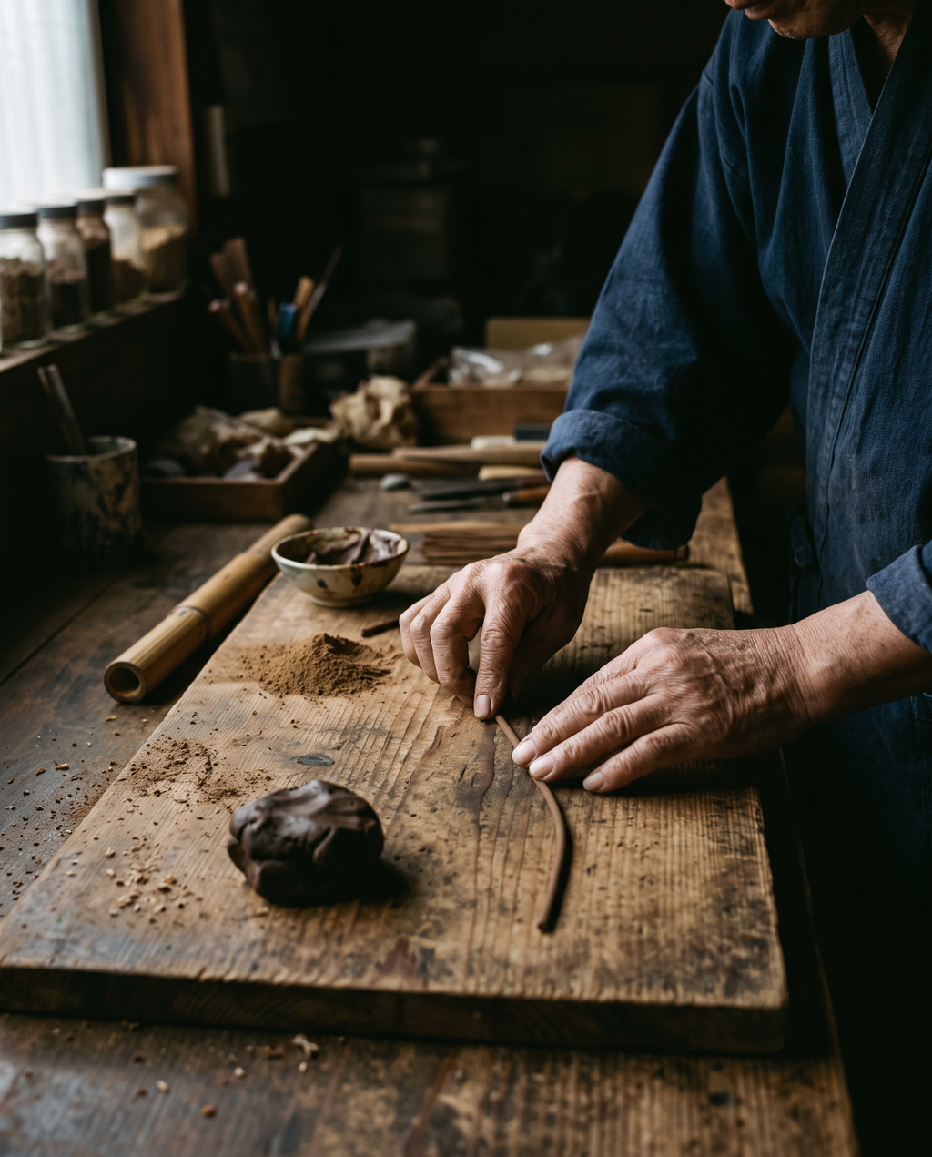 Incense being rolled by hand on a wooden workbench