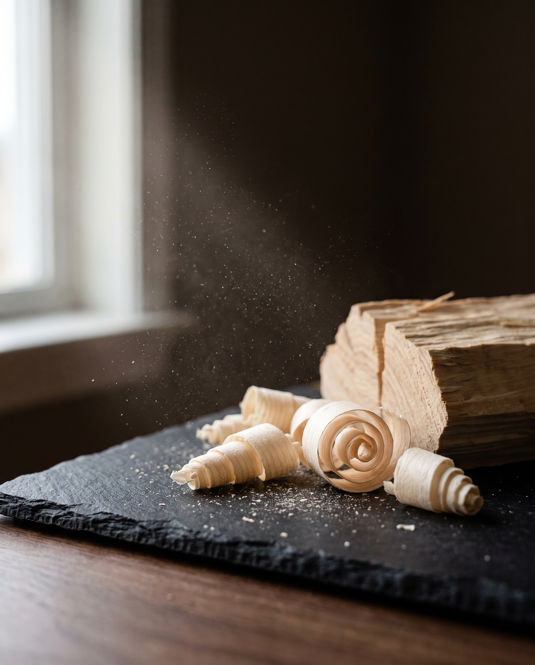 Fresh wood shavings and split cedar on dark slate
