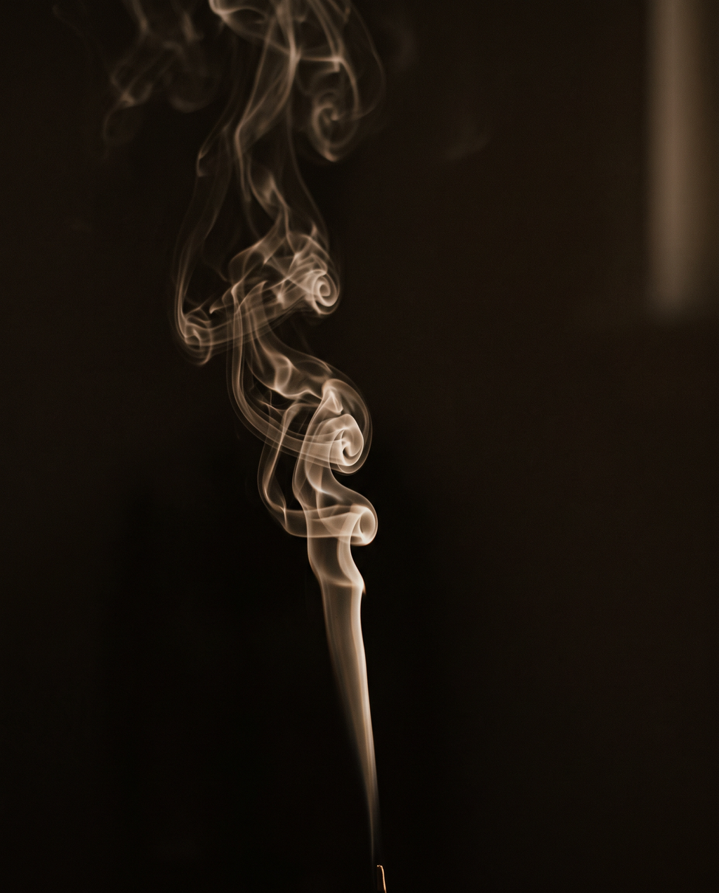A thread of incense smoke curling against a dark ground